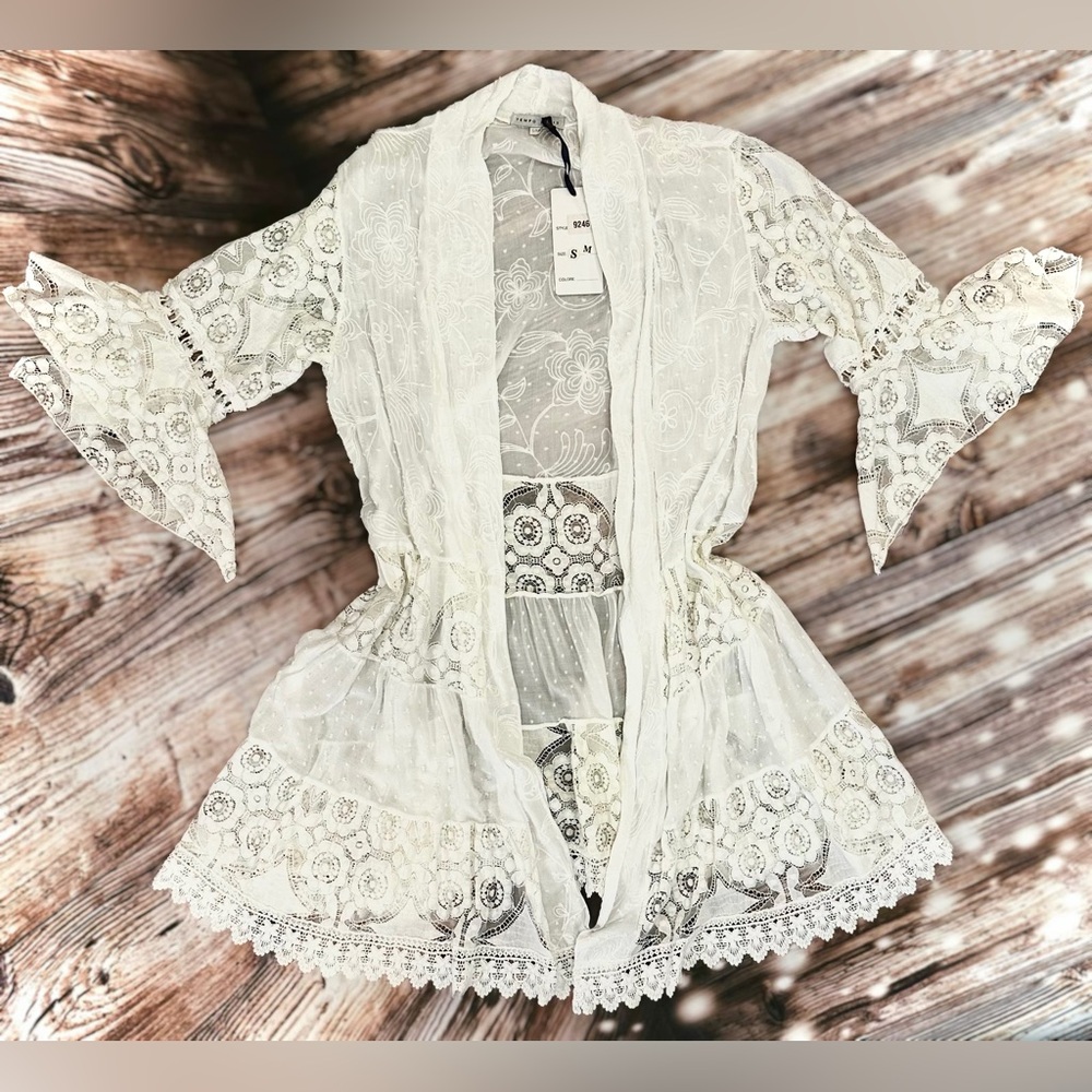 TEMPO PARIS || Boho Lace Kimono Cardigan 9246V Duster in White - SZ S/M 🤍NWT🤍